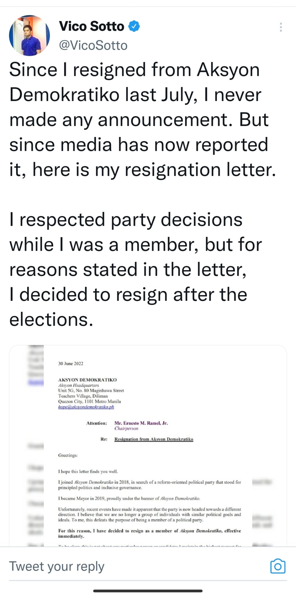 Vico Sotto’s tweet on his Resignation in Aksyon&nbsp;Demokratiko