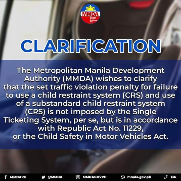 MMDA Nilinaw ang ukol sa child restraint system penalty sa Single Ticketing&nbsp;System