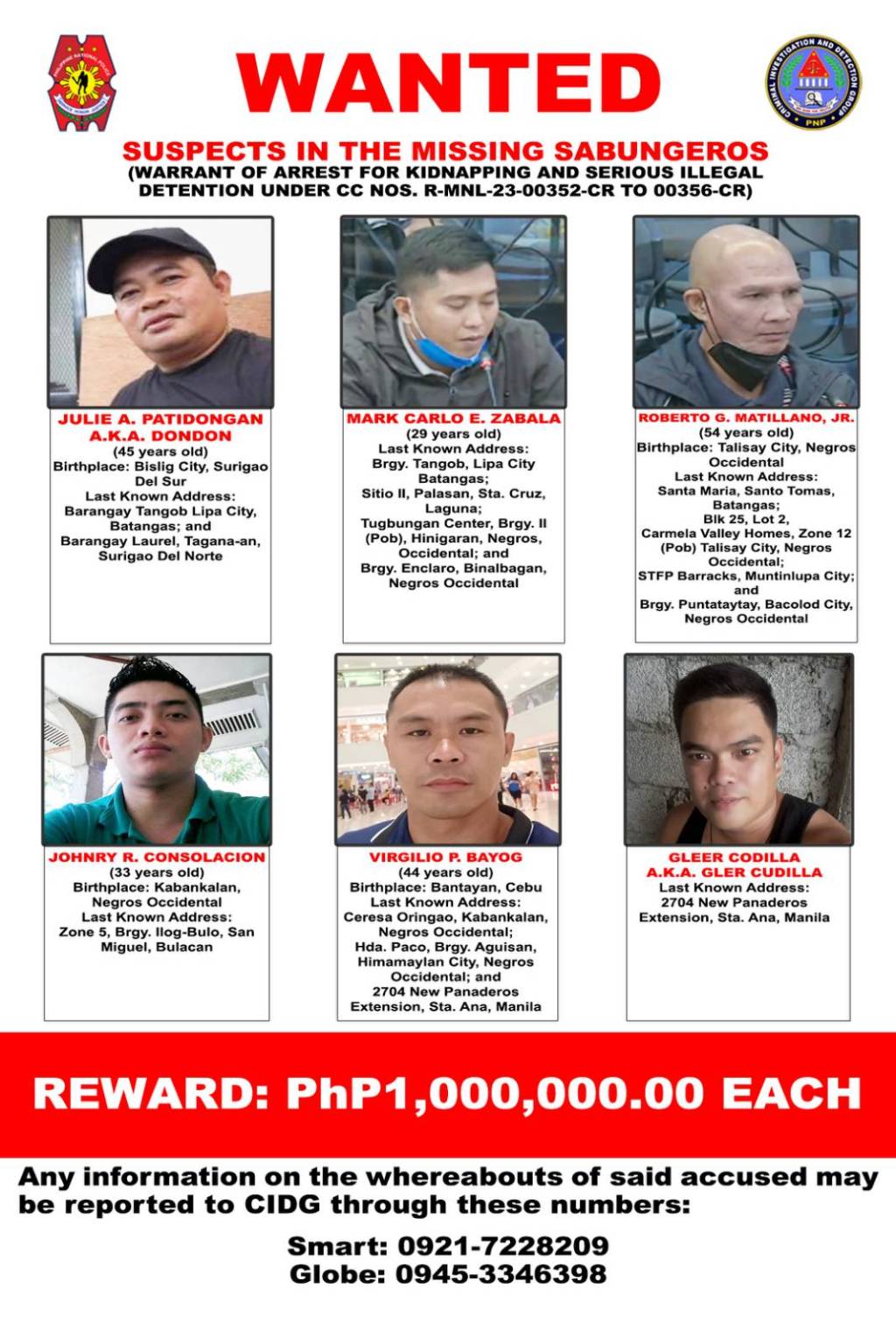 CIDG naglabas ng poster ng 6 WANTED SUSPECT sa mga nawawalang&nbsp;SABUNGERO