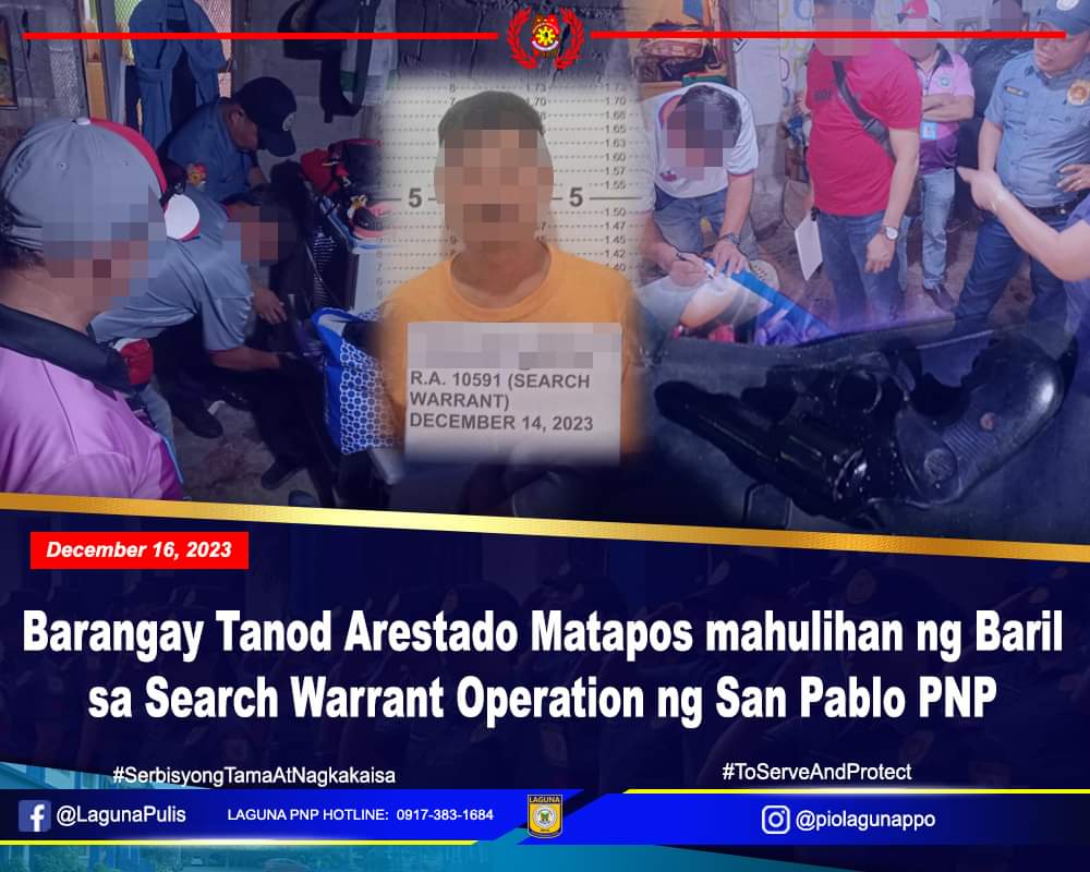 Barangay Tanod Arestado Nahulihan ng Baril sa Search Warrant operation ng San Pablo&nbsp;PNP