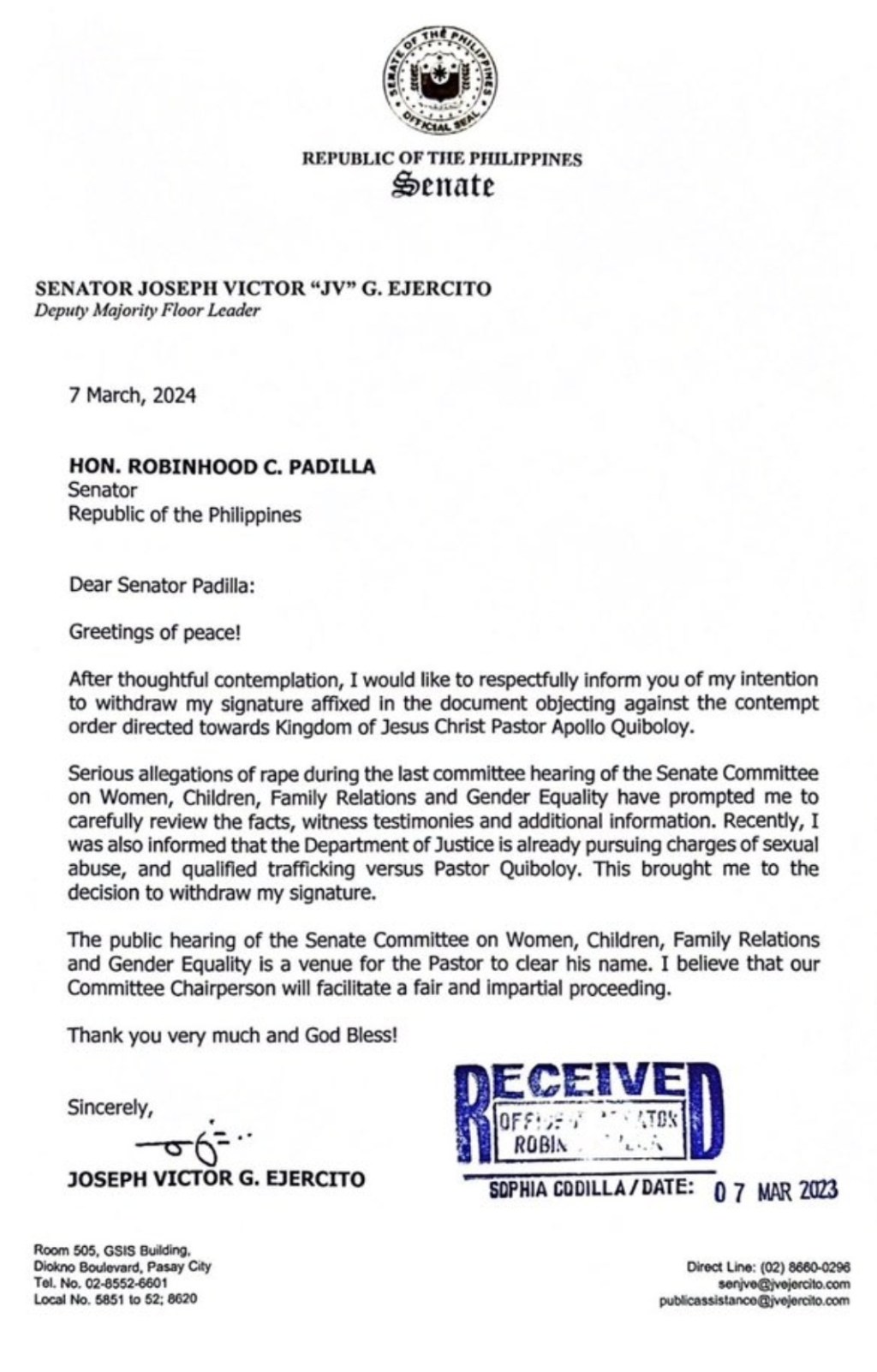 Ejercito withdraw his Signature support on&nbsp;Quiboloy