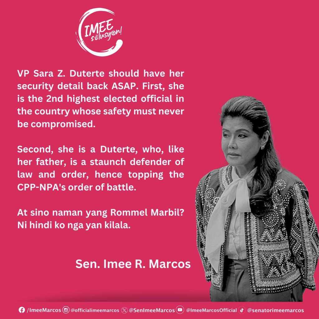 Senator Imee Marcos Urges Immediate Restoration of VP Sara Duterte’s Security&nbsp;Detail