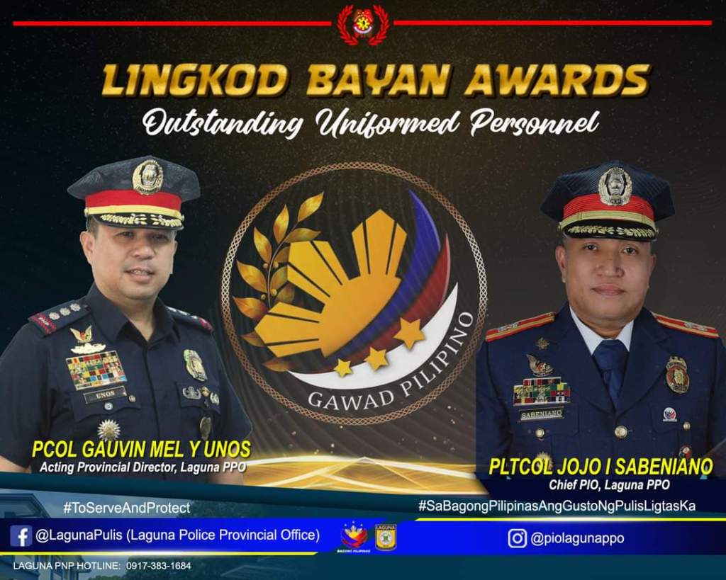 Laguna PPO Leaders PCOL Unos and PLTCOL Sabeniano Named Outstanding Uniformed Personnel at Gawad Pilipino Awards&nbsp;2024