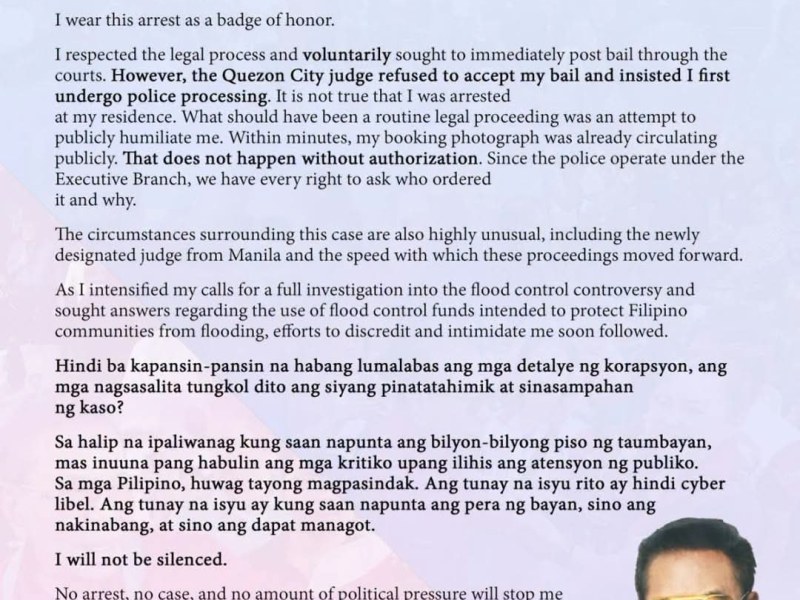 Chavit Singson Vows to Continue Exposing Alleged Flood Control Fund Anomalies Amid Cyber Libel&nbsp;Case