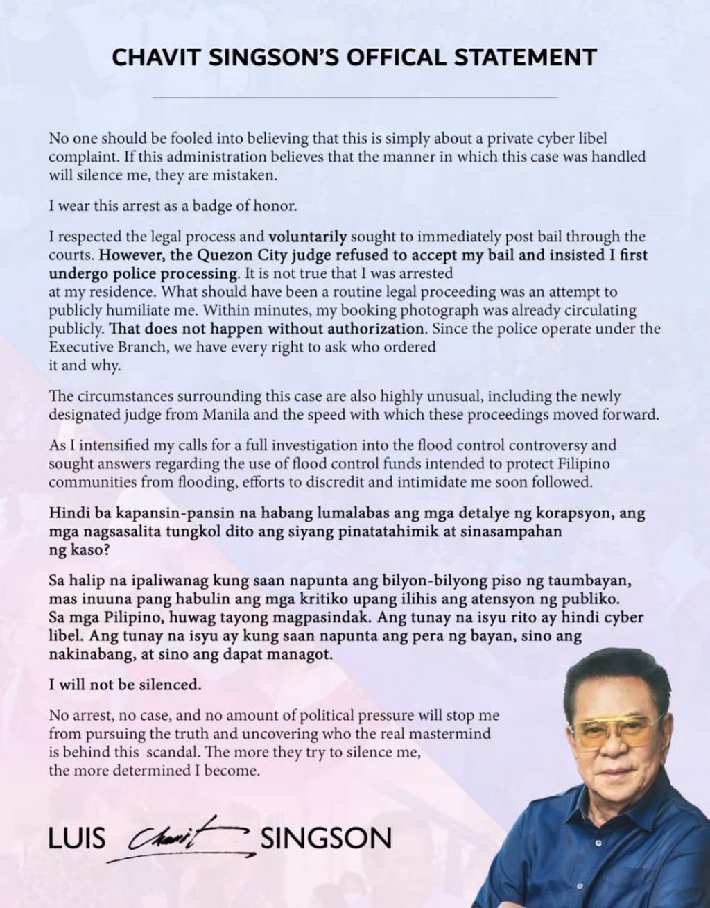 Chavit Singson Vows to Continue Exposing Alleged Flood Control Fund Anomalies Amid Cyber Libel Case