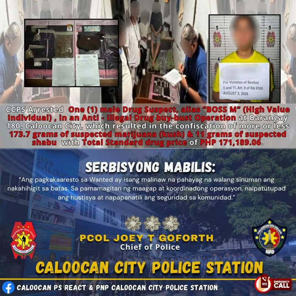 High-Value Individual ‘Alyas Boss M’ Huli sa Buy-Bust ng Caloocan Police, Mahigit ₱171K Halaga ng Droga Nasamsam